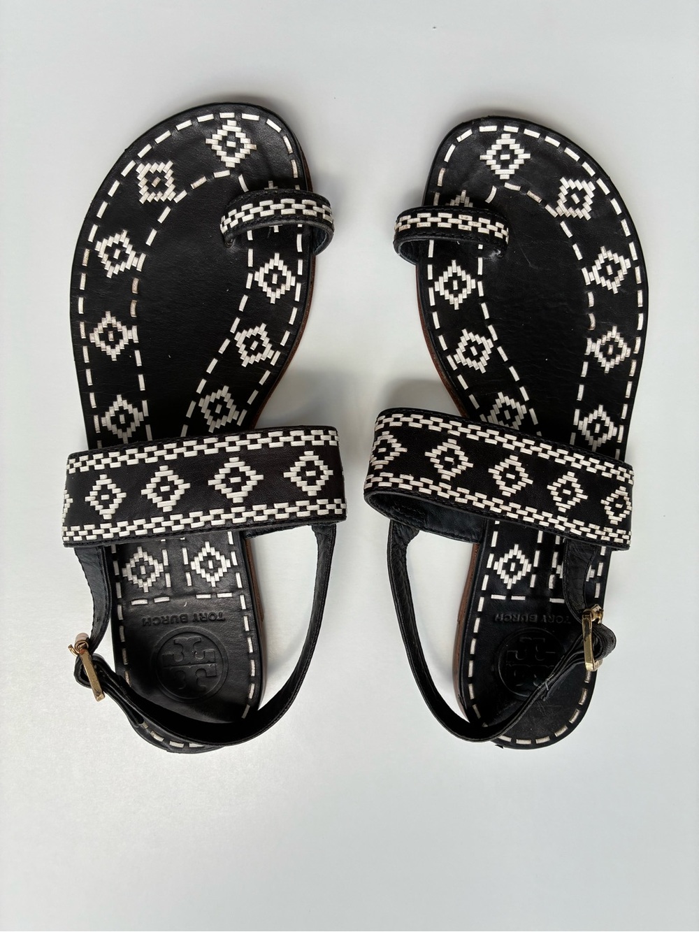 Tory Burch Black Leather Embroidered Sandals Ivory Size 8M